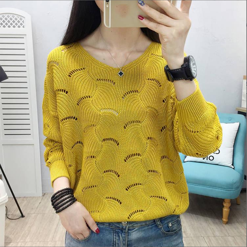 Large Size Women's Fashion Hollow Spring Knitted Sweater Pullover Loose Korean Style Bottoming Shirt V-neck Thin Top