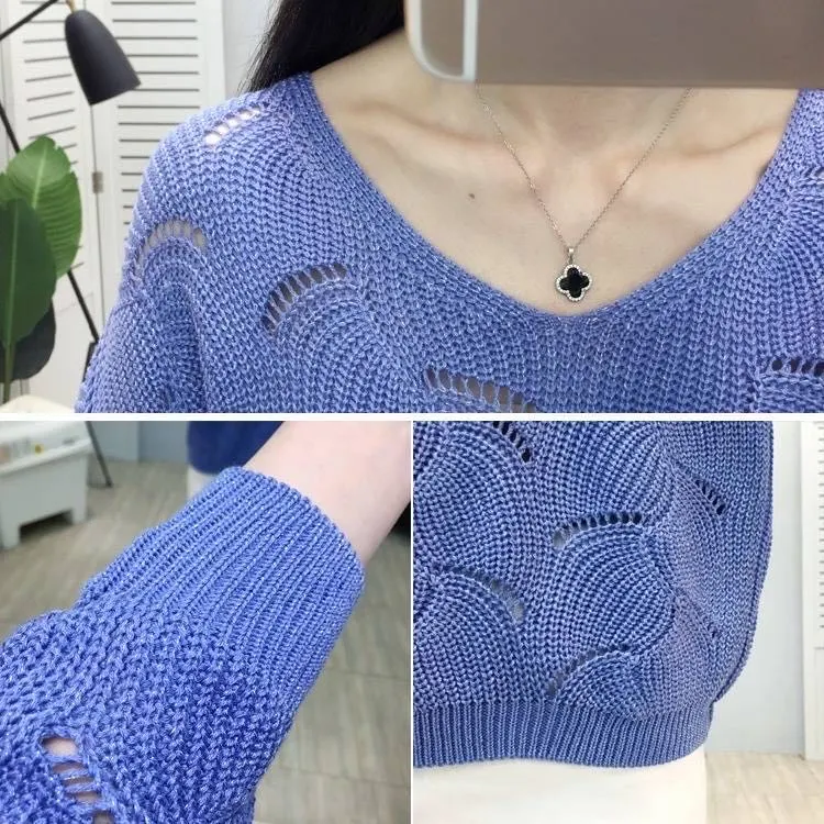 Large Size Women's Fashion Hollow Spring Knitted Sweater Pullover Loose Korean Style Bottoming Shirt V-neck Thin Top