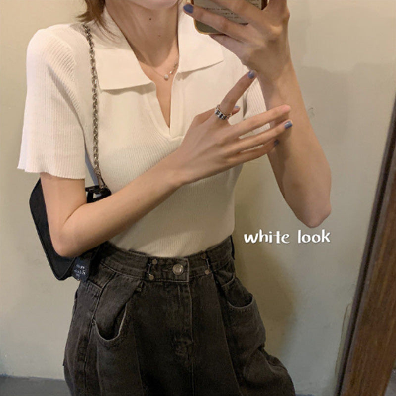 Summer V-neck Short-sleeved Knitted Sweater Women's Korean Version Slim Fit and Thin All-match French Girl Retro Hong Kong Style Short Top