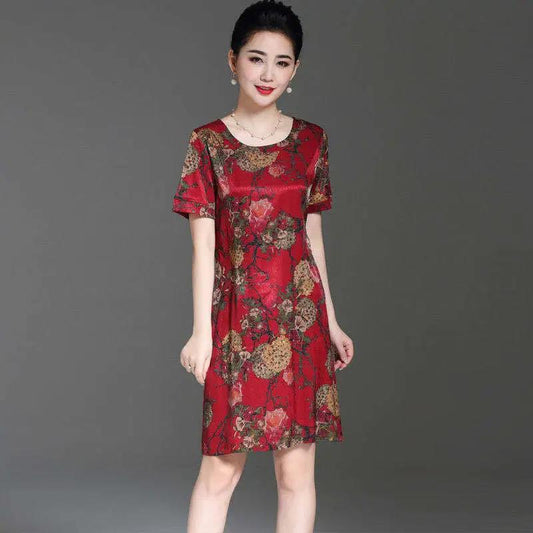 Women's Summer Plus Size Loose Long Dress Print Slim Skirt Mother Dress