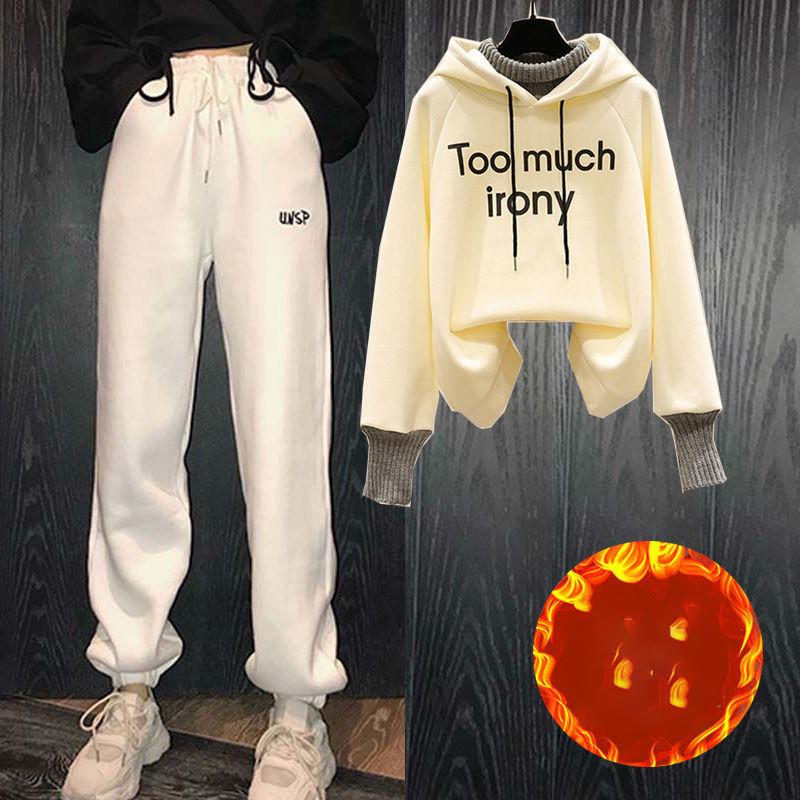 Plush Thick Hoodie Two-piece Suit Women Leisure Loose Sports Suit Stand-up Collar Zipper Hoodie Suit Loose and Comfortable