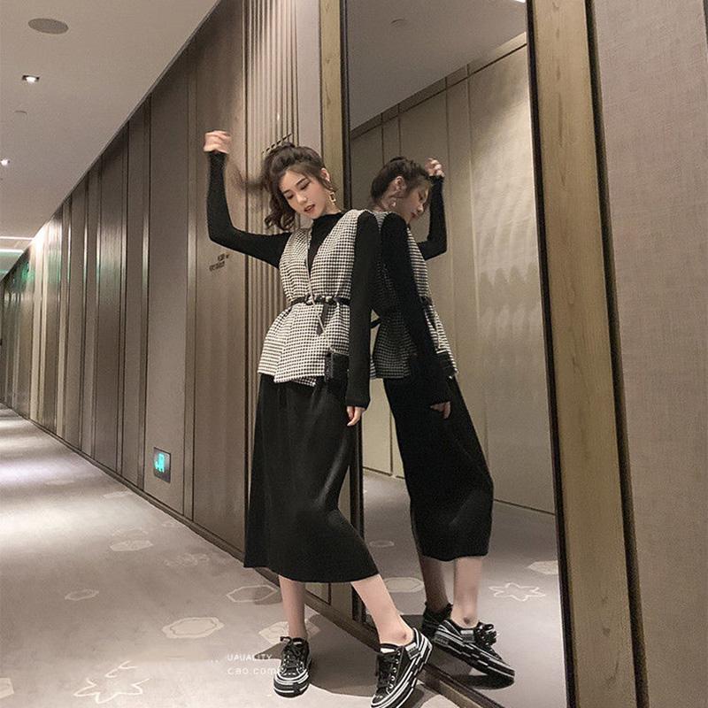 Houndstooth Women's Vest Sleeveless Spring and Autumn Casual Coat Waistcoats with Belt