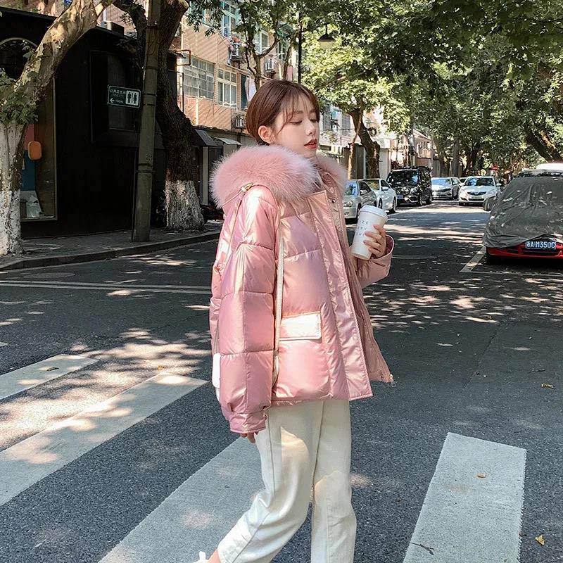 Winter Women's Cotton-padded Jacket Short Section Thickened Big Fur Collar for Girls Shiny Cotton-padded Jacket Warm Jacket
