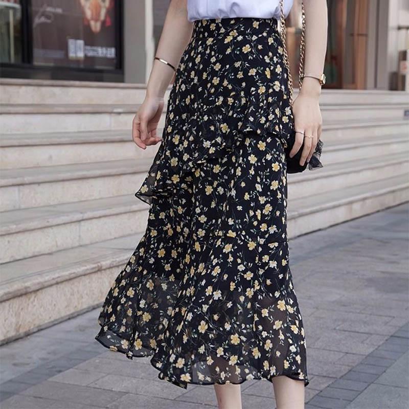 A-line Skirt Floral High Waist Thin Irregular Ruffle Big Wave Chiffon Midi Skirt Elastic Waist Mid-length Skirt