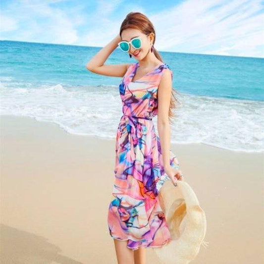 Fashion Bohemia Chiffon Printed Dress Midi V-neck Travel Vacation Beach Dress Sleeveless Sundress