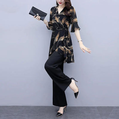 Printed Suit Women's Summer Chiffon Shirt Loose Belly Cover Wide-leg Pants Two-piece Long-sleeved Shirt + Loose Wide-leg Pants