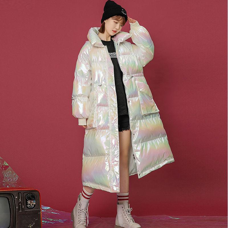 Colorful Bright Face Stand-up Collar Cotton-padded Jacket Women's Knee-length Loose Waist Waist Slimming Bread Clothes Warm Cotton-padded Jacket