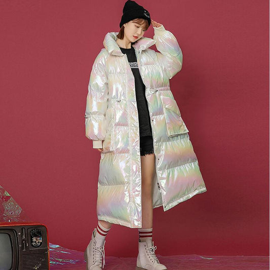 Colorful Bright Face Stand-up Collar Cotton-padded Jacket Women's Knee-length Loose Waist Waist Slimming Bread Clothes Warm Cotton-padded Jacket