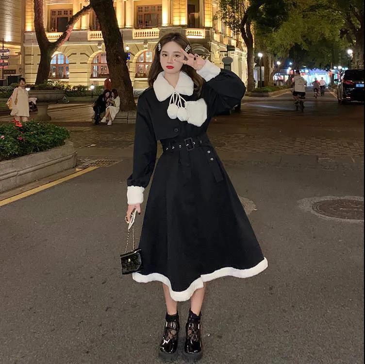 Winter Sweet and Cool Girl Thick Warm Fur Collar Stitching Prague British Girl Plus Cotton Windbreaker Dress