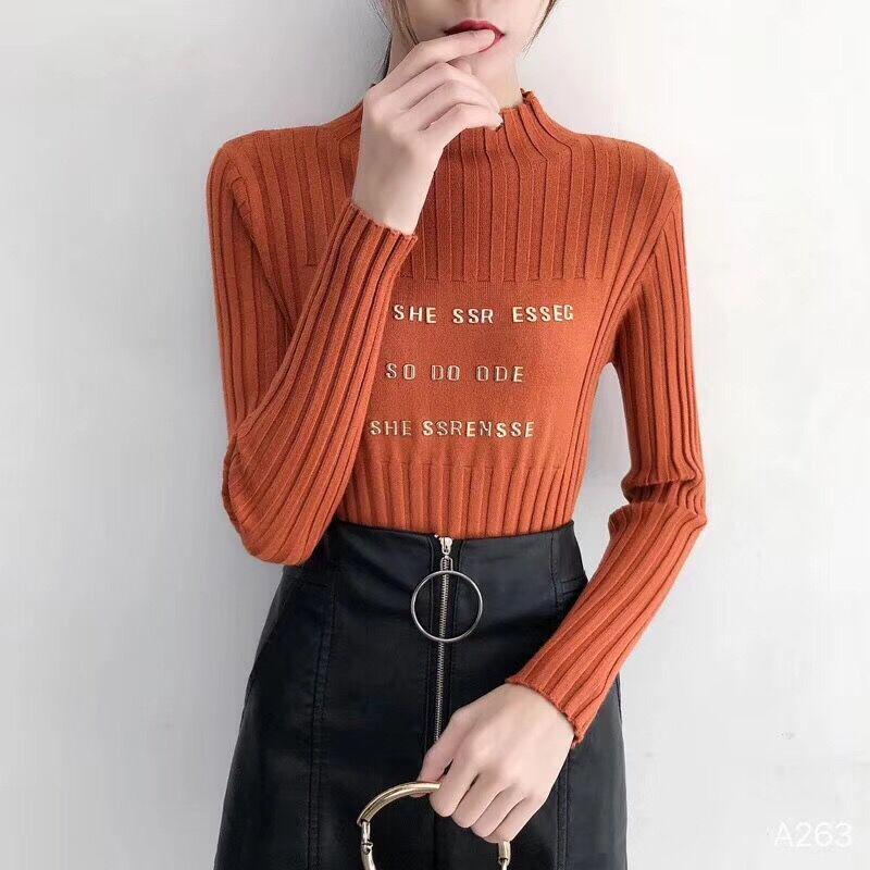 PofuLove Hedging Half Turtleneck Letter Sweater Female Korean Slim Thin Student Knitting Undershirt