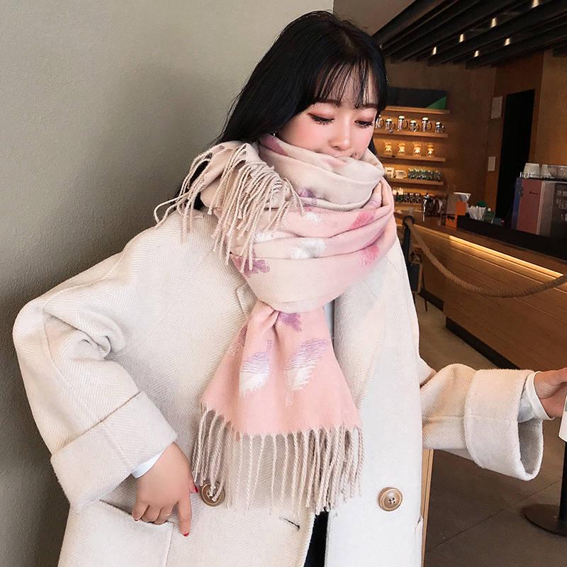 Scarf for Women Wool Scarves Feather Printing Winter Women's Ladies Cashmere Scarfs Female Shawl