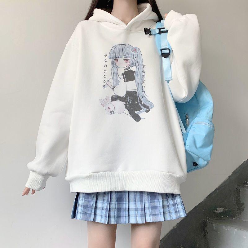Anime Hoodies Japanese Oversized Loose Harajuku Sweatshirts Thick Fleece Fall Winter Pullovers Top Clothes Black Plus Size Fashion Streetwear Coat