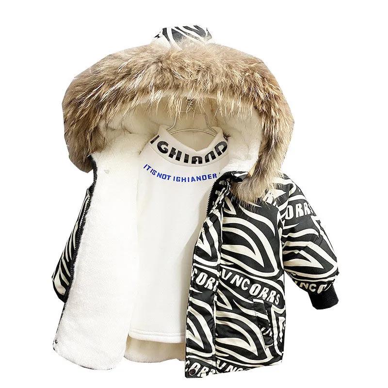 Boy's Winter Cotton-padded Jacket Baby Plus Velvet Jackets Children's Cotton-padded Coat Thick Cotton-padded Jacket Printed Trendy Hooded Top