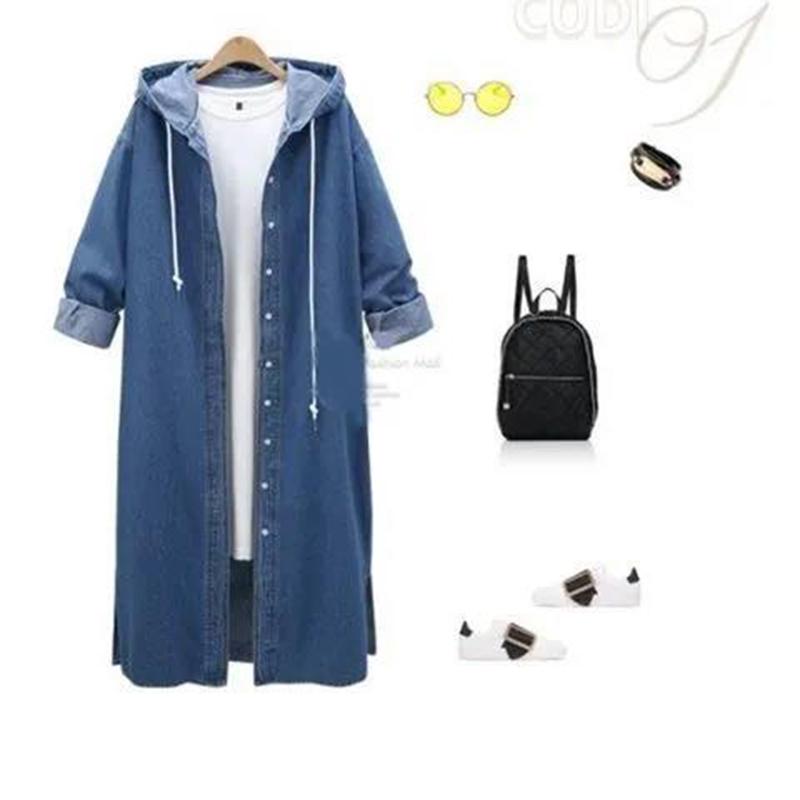 Large Size Loose Denim Jacket Women Spring and Autumn Long-sleeved Hooded Denim Cardigan Long BF Ladies Windbreaker Warm Jacket