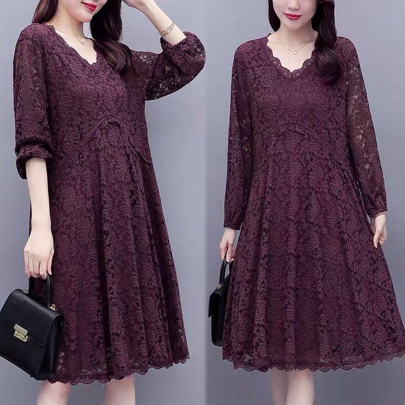 Spring Summer Women's Plus Size Lace Dress Mid-length Long-sleeved A-line Skirt All-match V-neck Women's Dress