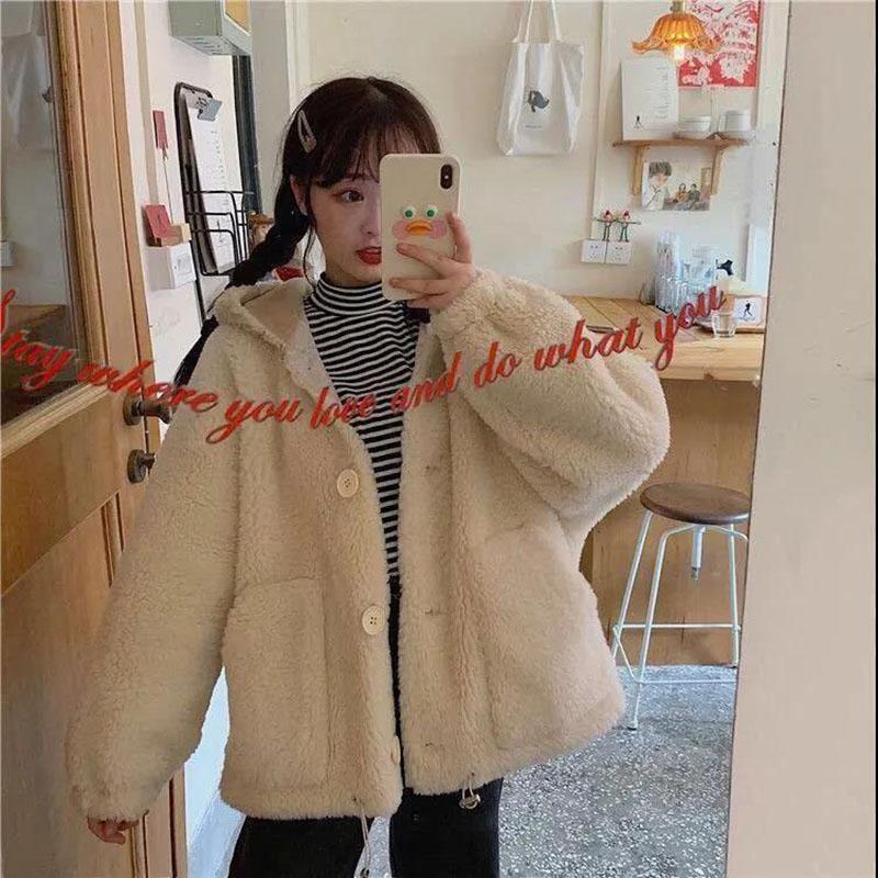 Autumn and Winter Lamb Fur Hooded Jacket Female Students Casual All-match Thickened Polar Fleece Cardigan Cute Rabbit Ears Plush Jacket