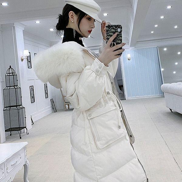 Trendy Fashion Waist Hooded Fur Collar Women's Down Jacket Autumn and Winter Plus Velvet Thickening Warm Loose Casual White Duck Down Down Jacket
