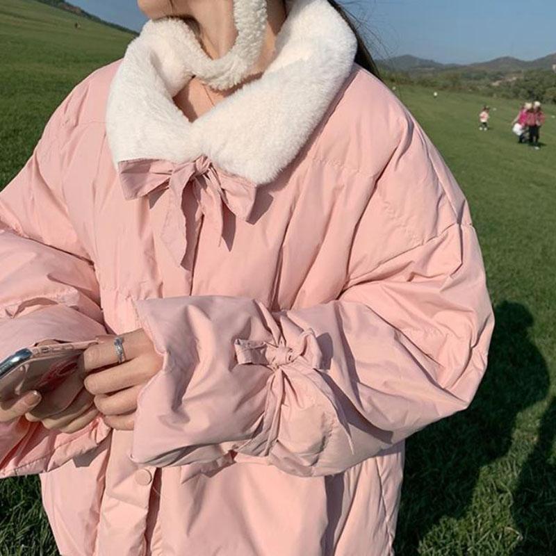 Winter Women's Down Jacket Korean Fashion Bow-knot Stand-up Collar Cotton-padded Jacket Warmth Short Cotton Jacket