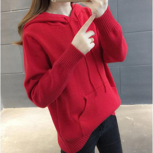 Hooded Sweater Women Loose Pullover Knit Sweater with Pockets for Outer Wear Base Knit Jumper