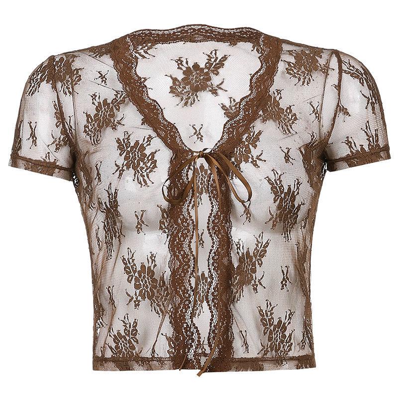 Sexy Lace Blouse Lightweight Lace-Up Top Women Casual V-Neck Short Blouse Women Summer Tops