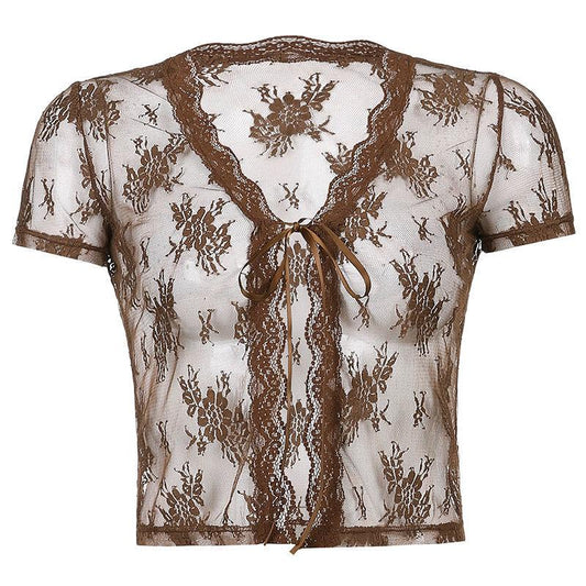 Sexy Lace Blouse Lightweight Lace-Up Top Women Casual V-Neck Short Blouse Women Summer Tops