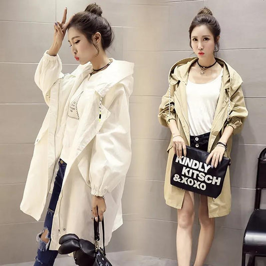 Large Size Women Jacket Spring Hooded Coat Solid Color Casual Loose Windbreaker Boutique Parka Mid-length