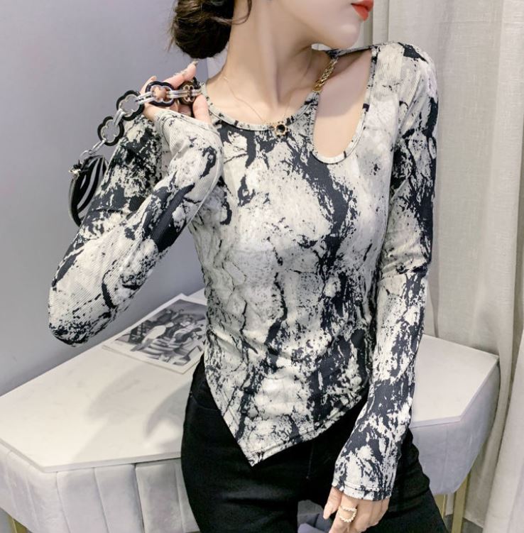 Fashion Irregular Leopard Print Top Women Sexy Hollow Out Shoulder Long Sleeve Top Fashion Large Size Bottoming Shirt