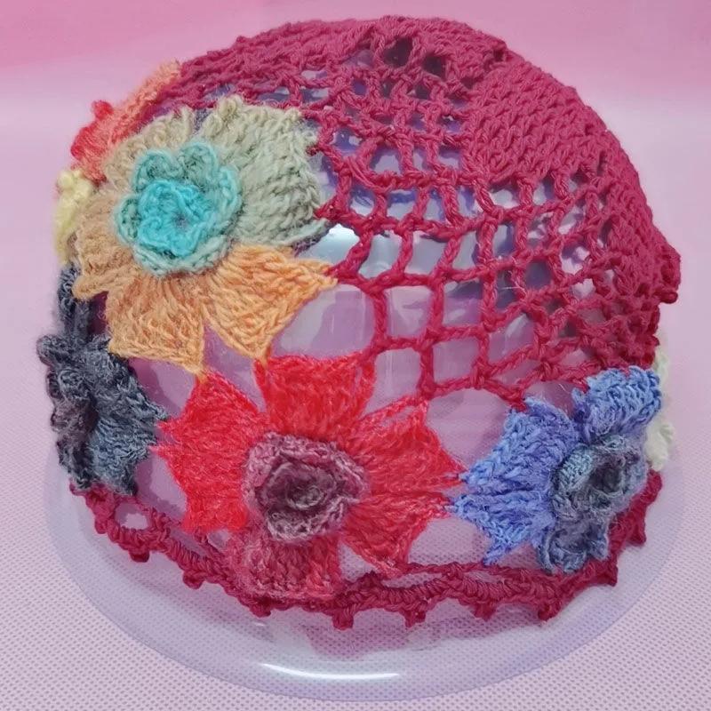 Gradient Stereo Flower Bag Head Hat Woman National Handmade Crochet Knit Hat Openwork Towel Hat