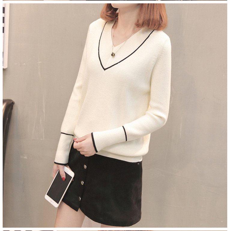 Winter Women Blue V-neck Pullover Sweater Lazy Loose Solid Color Casual Sweater Oversize Pullovers