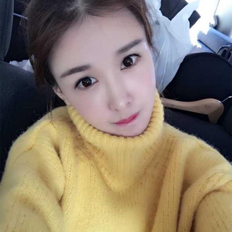 PofuLove Warm Sweater Turtleneck Sweater Women Thick Yellow Loose Mid-length Knitted Top