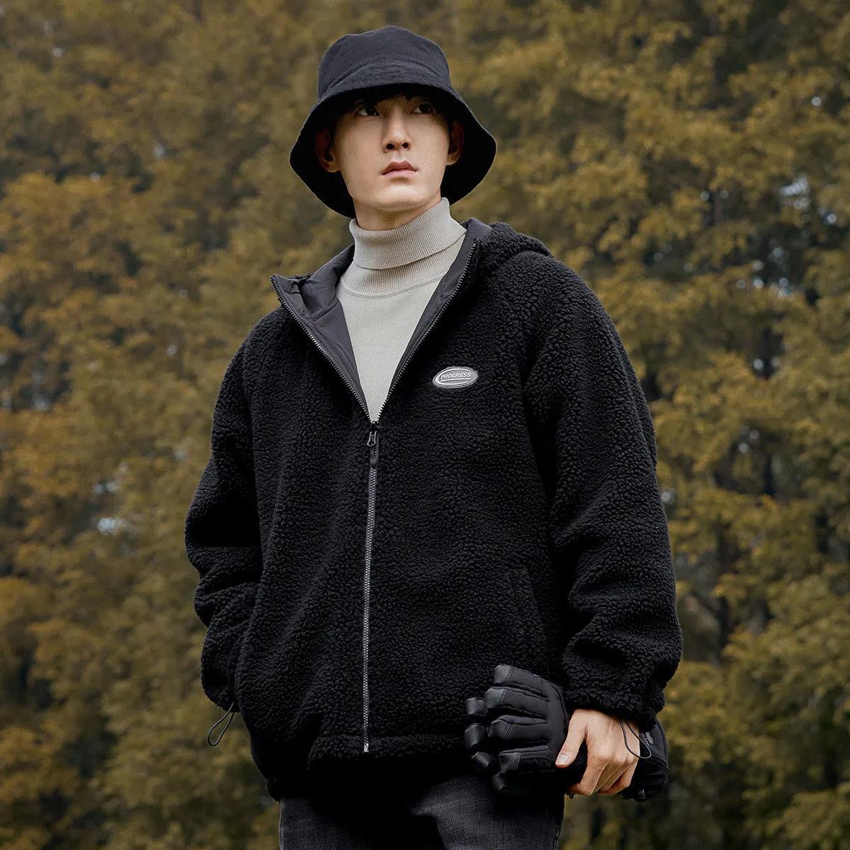 Lamb Wool Short Jacket Men's Autumn and Winter Cotton-padded Jacket Plus Velvet Thick Double-sided Wearable Tooling Hooded Jacket
