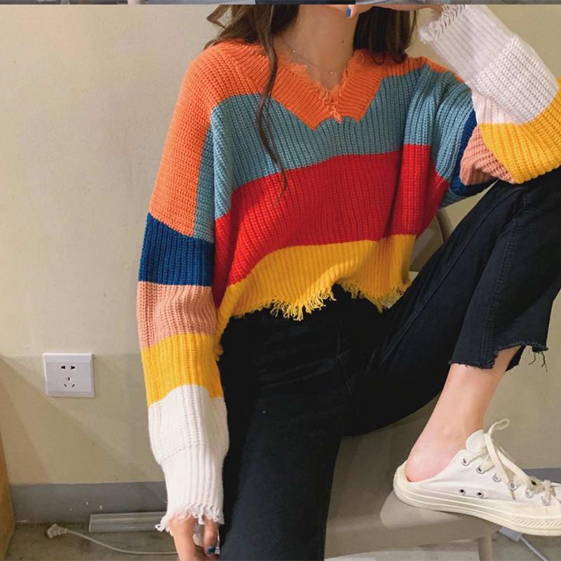 Pofulove loose sweater rainbow striped color matching striped fringe student short sweater women