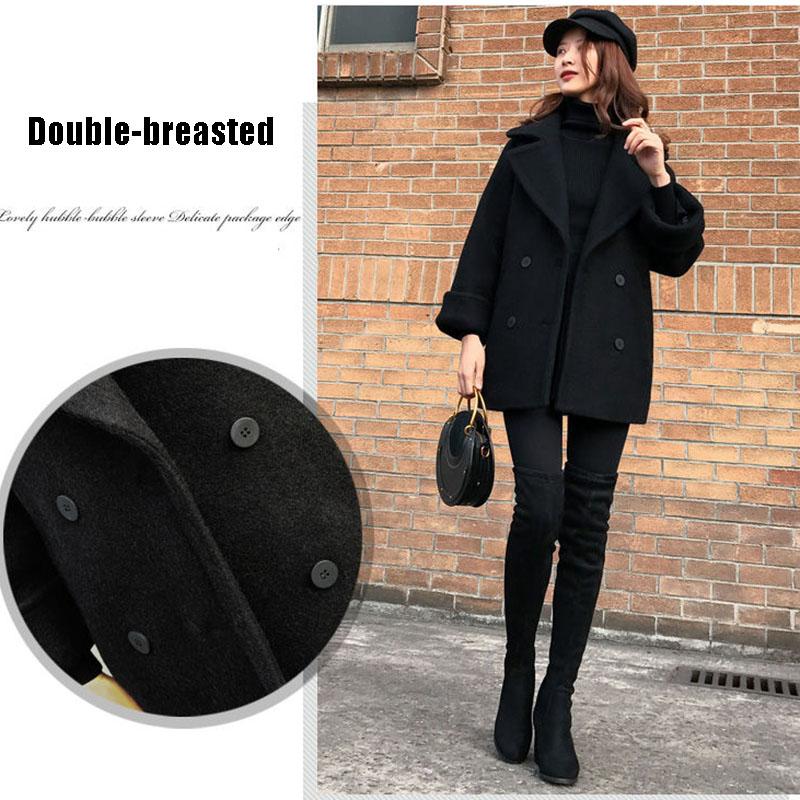 Loose Black Woolen Coat Mid-length Woolen Coat Autumn  Winter Thick Double-breasted Pea Coat