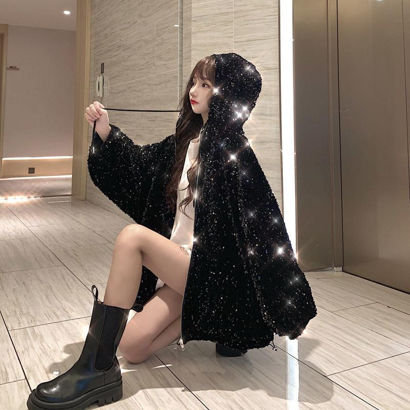 Starry Sky Hooded Zipper Jacket Women's Loose Short Glossy Jacket Regular Jacket Women's Spring and Autumn Seasons