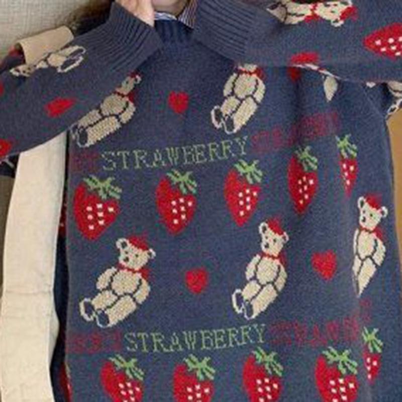 Women Fashion Sweater Casual Knitting Sweater Jacquard Round Neck Pullovers Loose Casual Long Sleeve Sweater Autumn Winter