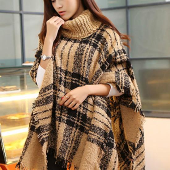 Women Turtleneck Striped Shawl Sweater Chic Tassels Batwing Cape Knitwear Outwear Ponchos
