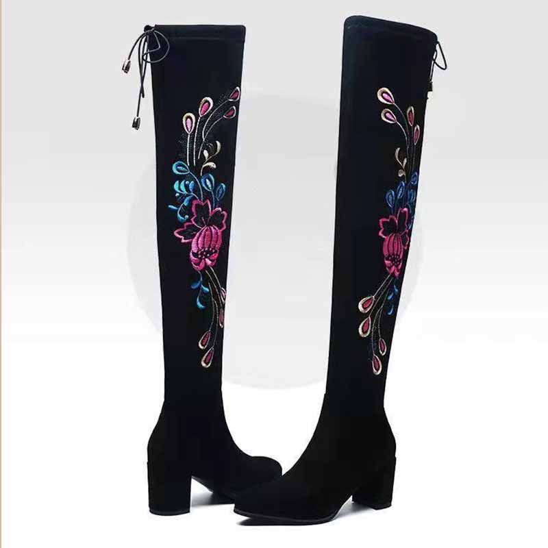 Children's Over-the-knee Boots, Ethnic Embroidery Boots, Thick-heeled Round-toe Elastic Suede Boots