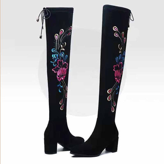 Children's Over-the-knee Boots, Ethnic Embroidery Boots, Thick-heeled Round-toe Elastic Suede Boots