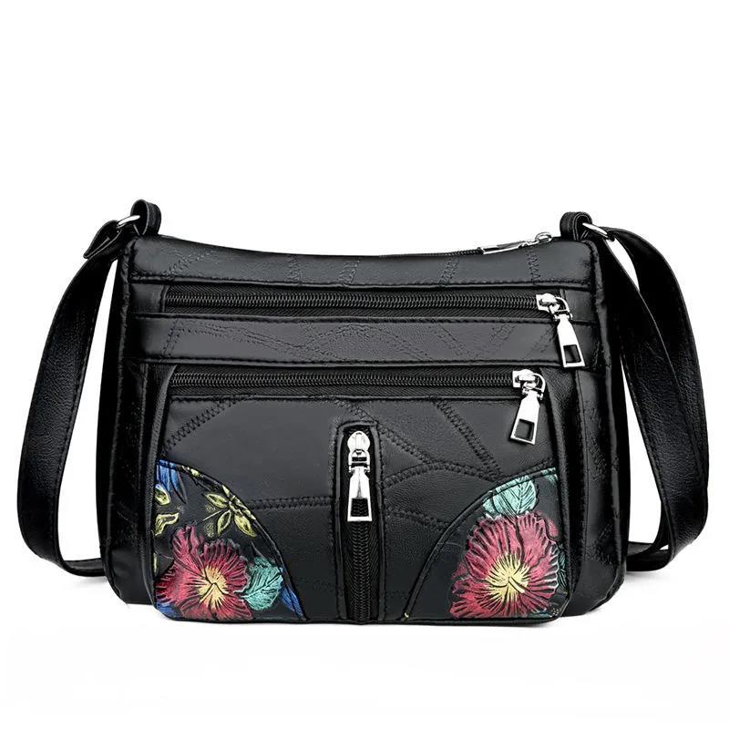Women Multi-Layer Crossbody Bags Portable Large Capacity Classic Soft Surface Printing Black PU Leather