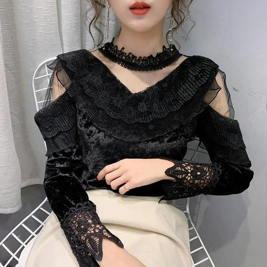 Half Turtleneck Gold Velvet Lace Bottoming Shirt Spring Fashion Halter Mesh Ladies Long Sleeve Top