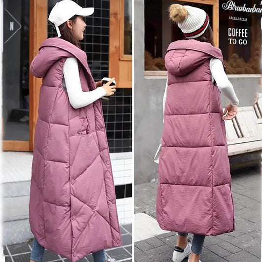 Women Winter Warm Hooded Long Down Cotton Vest Jacket Solid Color Thicken Overknee Waistcoat