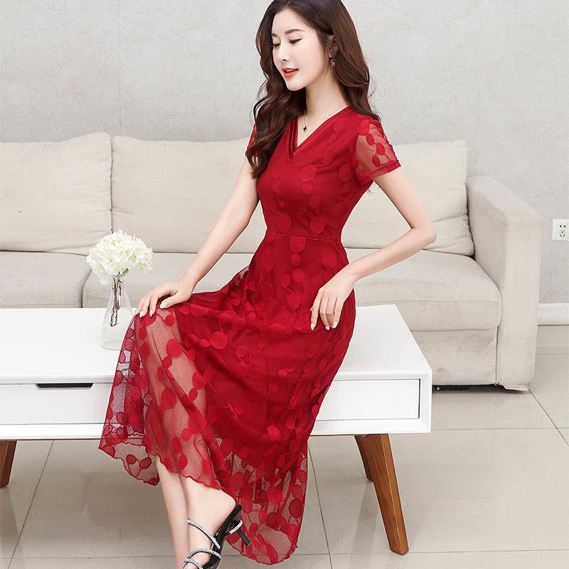 Lace Dress Female Summer Korean Version of Short-sleeved Net Yarn Floral Polka Dot Thin and Belly Long Skirt