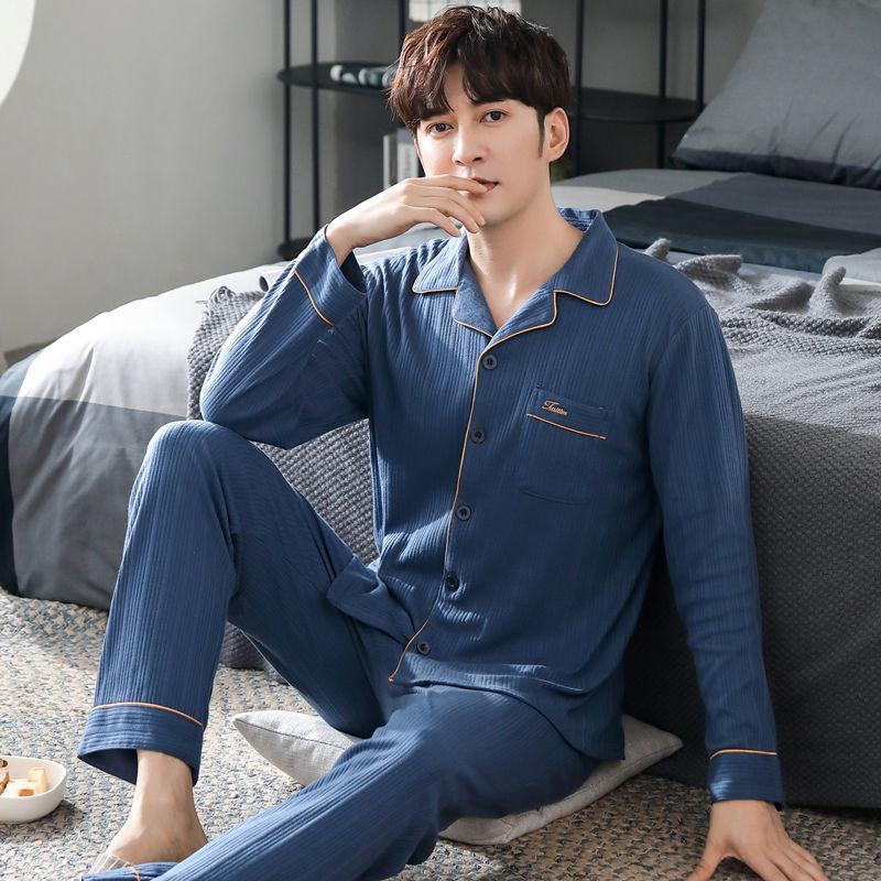 100% Double-sided Cotton Pajamas Men's Long-sleeved Spring, Autumn and Winter Young and Middle-aged Casual Plus Size Winter Home Service Suits