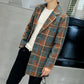 Autumn Men's Casual Mid-length Windbreaker Youth Tartan Coat Suit Collar Single-breasted Jacket Men