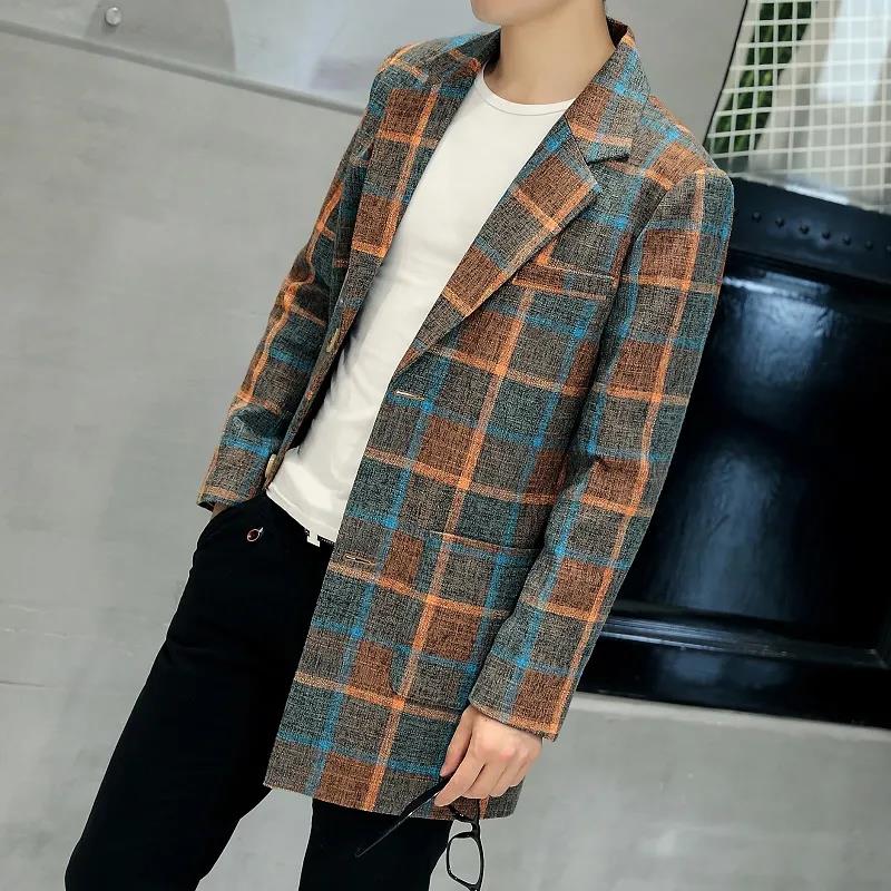 Autumn Men's Casual Mid-length Windbreaker Youth Tartan Coat Suit Collar Single-breasted Jacket Men