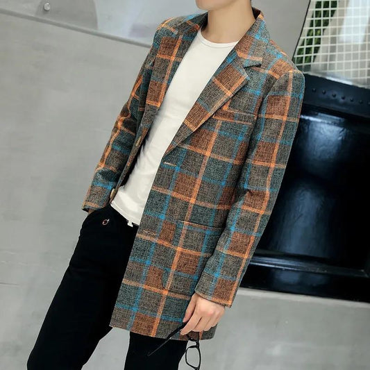 Autumn Men's Casual Mid-length Windbreaker Youth Tartan Coat Suit Collar Single-breasted Jacket Men
