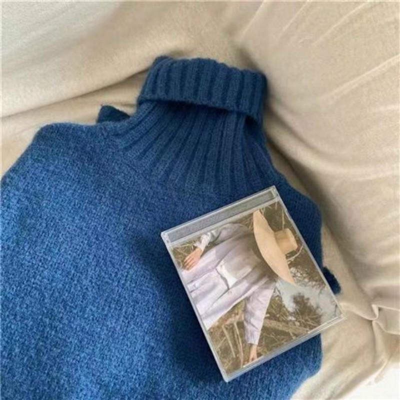 Pofulove Winter Retro Warm Turtleneck Sweater Schoolgirl Loose Pullover Solid Color Sweater