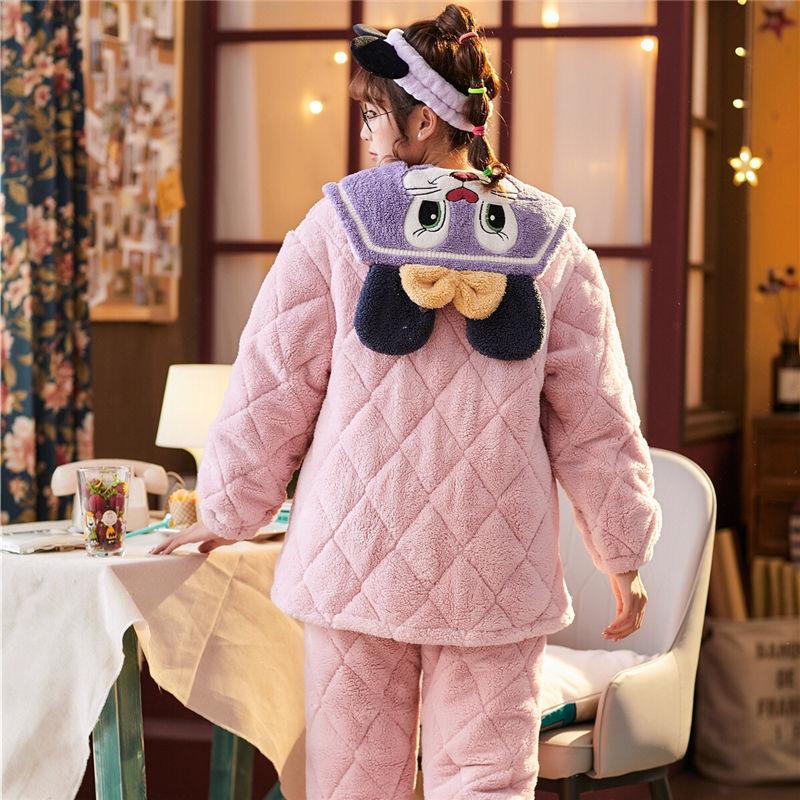Thick Quilted Plus Velvet Three-layer Quilted Pajamas Women's Winter Coral Fleece Soft and Warm Home Service Skin-friendly Soft and Washable