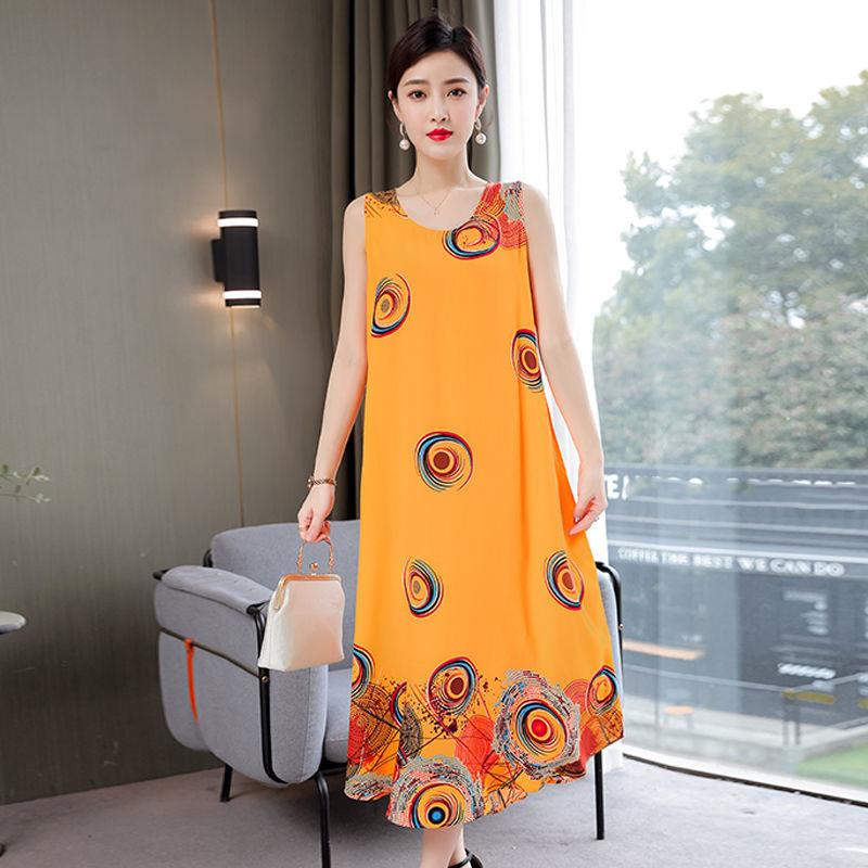 Large Size XL-XXXXXL Women Summer Cotton Silk Dress Sleeveless Vest Skirt Loose Printing Home Night Skirt Beach Skirt