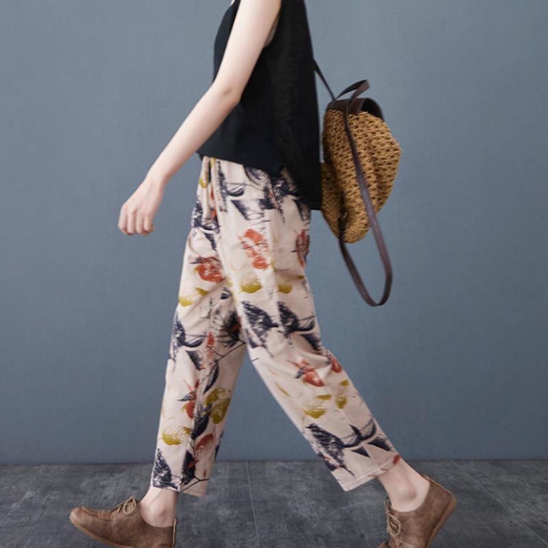 Summer Cotton Retro Print Ethnic Casual Pants Cropped Pants Plus Size All-match Harem Pants Thin Women's Pants